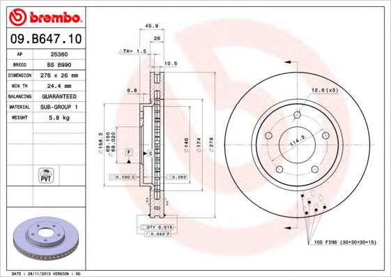  09.B647.10 BREMBO   MITSUBISHI LANCER 1.5-2.0 08-, DODGE CALIBER 1.8-2.4 06- . (- BREMBO) 